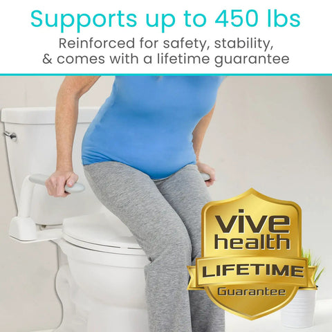 Rock Solid Heavy Duty Toilet Safety Rails With Flip Up Grab Handles Built Like A Tank Support Frame For Seniors And Mobility Aid Durable Steel Wide Base Anti Slip Feet with a woman using grab handles.
