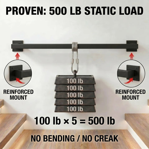 Eight Foot Wall Mount Stair Handrail Heavy Duty Steel Safety Grab Bar 500 Pound Capacity supporting 500 lbs with reinforced mount.