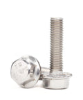 Pack Of Ten M8 X 20mm Flanged Hex Bolts Made From Solid 304 Stainless Steel for automotive and DIY use, angled view.
