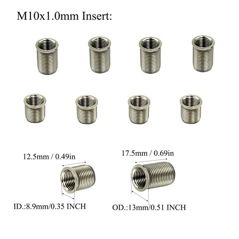 Stainless steel M10x1.0 inserts from the Spark Plug Thread Repair Kit With Stainless Steel M10x1.0 Inserts And M12x1.0 Tap Kit For Auto Engine Repair