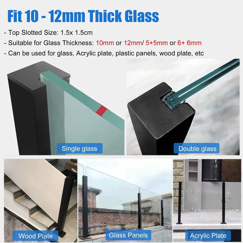 Heavy Duty Black Deck Fence Railing Post Wall Mount Balcony Guardrail With Clip Lock Panels DIY Backyard Safety Barrier No Sweat Assembly Beefy Build Premium Steel Right End Post 30 Inch Height, fits 10-12mm thick glass.