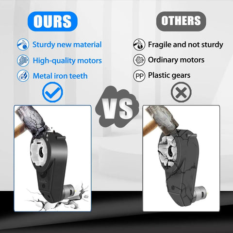 Comparison of two motor gearboxes, highlighting sturdy metal construction of Two Pack High Speed 24V RS555 Motor Gearbox Upgrade Kit versus fragile plastic