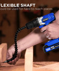 Person using Ultimate 20V Cordless Drill Set for Easy Home DIY and Beginner Projects with flexible shaft attachment.