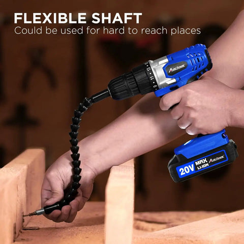 Person using Ultimate 20V Cordless Drill Set for Easy Home DIY and Beginner Projects with flexible shaft attachment.