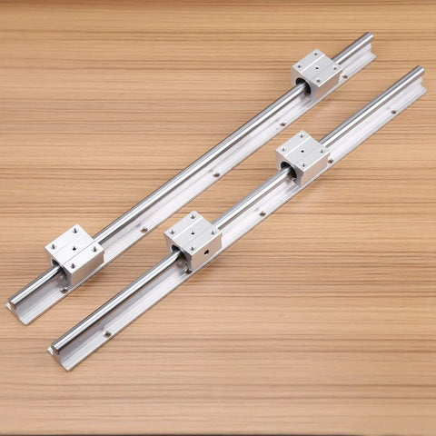 Real Deal SBR12 Linear Rail Shaft Set Built Tough With Four Matching Bushings Featuring Pre Drilled Mounting Holes For CNC Routers 3D Printers And Robotics Projects, showing two steel shafts with matching bearing blocks.