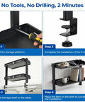 Installation steps for 2-Tier Clamp-On Desk Shelf Carbon Steel Space-Saving Desktop Organizer For Office, Study, And Gaming Rooms No-Drill Installation Fits Desks 0.4-1.77 Inches Thick Black.