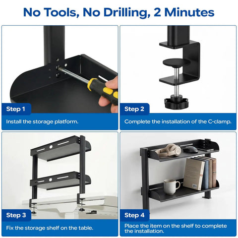 Installation steps for 2-Tier Clamp-On Desk Shelf Carbon Steel Space-Saving Desktop Organizer For Office, Study, And Gaming Rooms No-Drill Installation Fits Desks 0.4-1.77 Inches Thick Black.