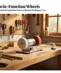 Rock Solid 150W Desktop Electric Grinding Machine Featuring Hella Strong Dual Spin Polisher on a workbench with tools.