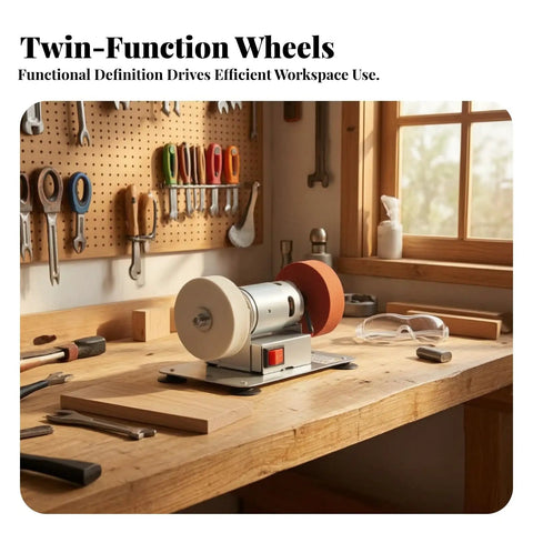 Rock Solid 150W Desktop Electric Grinding Machine Featuring Hella Strong Dual Spin Polisher on a workbench with tools.