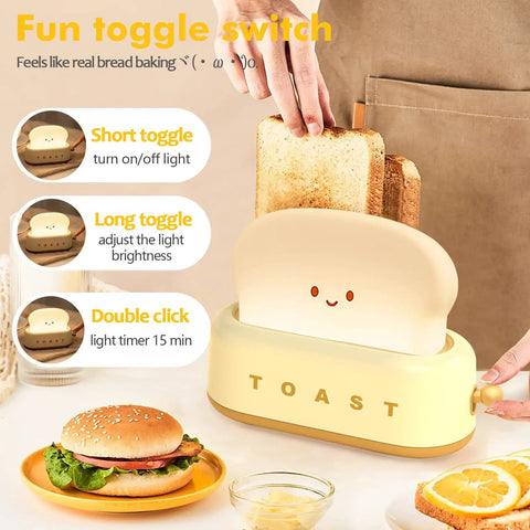 Toaster Shaped LED Table Lamp With Rechargeable Battery Nightstand light showing toggle switch settings near a breakfast scene