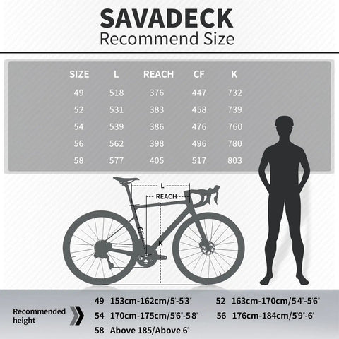 Size chart for Carbon Road Bike With Ultegra Di2 9270 Electronic Shifting, showing recommended frame sizes for different heights.
