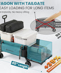 Extra Long Collapsible Wagon With Tailgate, 400 Lb Capacity, all terrain wheels, loaded with camping gear and boxes
