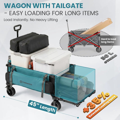 Extra Long Collapsible Wagon With Tailgate, 400 Lb Capacity, all terrain wheels, loaded with camping gear and boxes