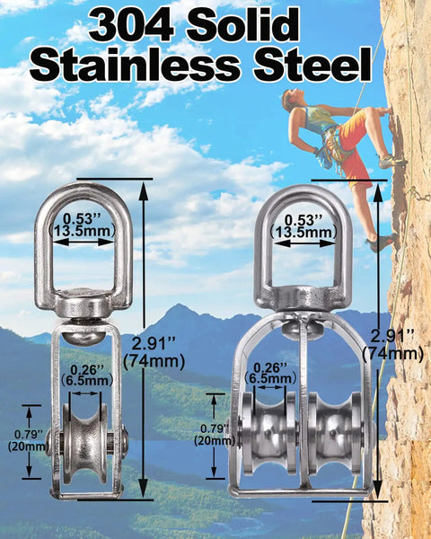 304 Solid Stainless Steel climbing pulley block, 74mm, 20mm wheel, shown with single and double pulley sizes
