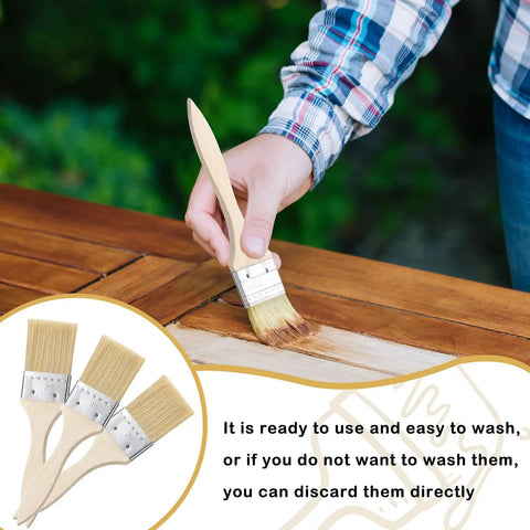 Person using 2-inch chip brush from Bulk 120 Pack for paint, glue, varnish, wood stain; durable bristles for DIY and home improvement.