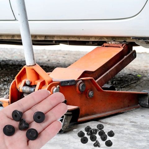 Hand holding Bulk 12 Pack Rubber Jack Oil Plugs in front of hydraulic jack under a vehicle