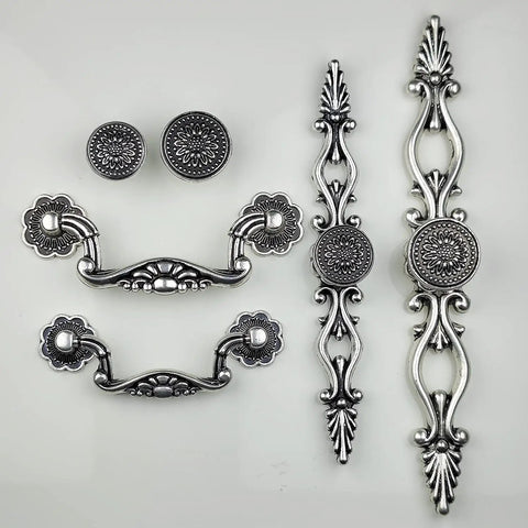Vintage Sunflower Cabinet Knob With Back Plate Antique Silver And Black Old School Retro Furniture Hardware for drawers
