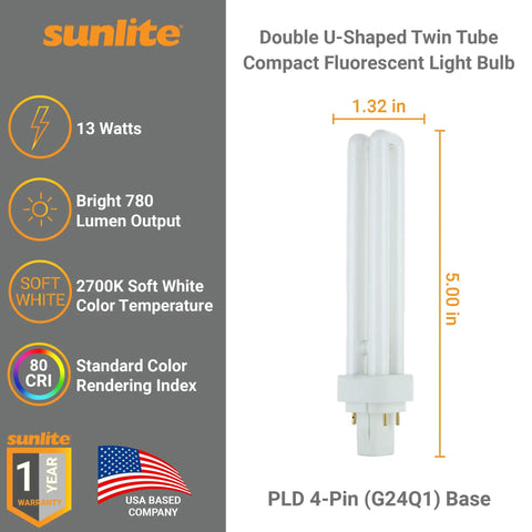 Compact Fluorescent CFL 4Pin G24q1 Double U Twin Tube 13W 780 Lumens 4100K Cool White Office Workhorse For Retail And Commercial Lighting