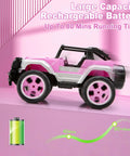 Pink Remote Control Car For Girls 1:16 Scale With Doll And Sticker Pack, showcasing battery life and 80-minute runtime on pink background