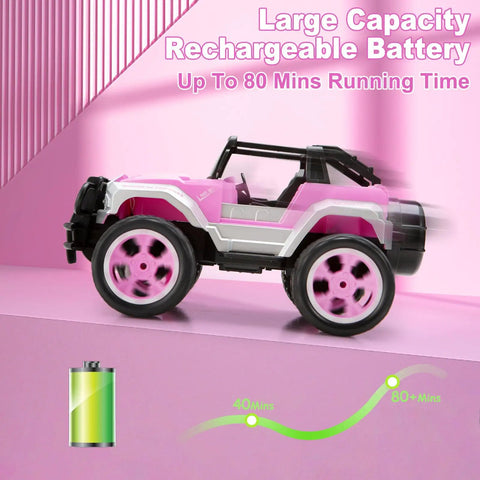 Pink Remote Control Car For Girls 1:16 Scale With Doll And Sticker Pack, showcasing battery life and 80-minute runtime on pink background