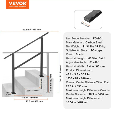 Built Tough Outdoor Handrails For Steps 2 To 3 Step Stair Rail Kit Black Carbon Steel Square Tube with specifications.