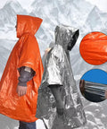 4 Pack Emergency Ponchos With Reversible Orange And Reflective Silver Hooded Heat Retention Mylar, Windproof Rain Gear shown outdoors