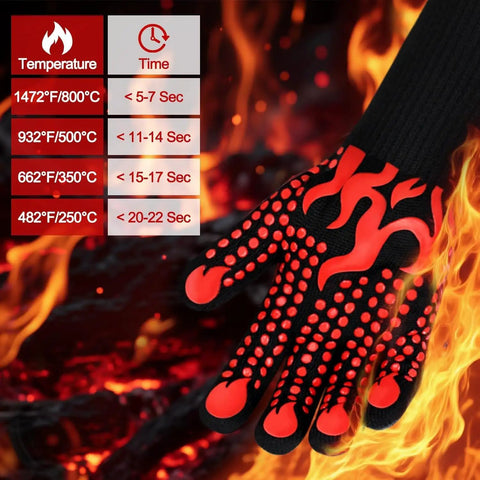 Black and red Heat Resistant BBQ Gloves With Silicone Non Slip Grip For Grilling And Oven Use Up To 1472F in flames