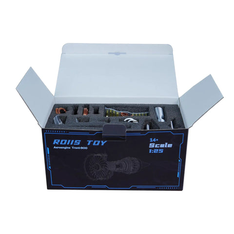 Boxed components of Jet Engine Model TR900 Turbofan Kit for Aviation Nerds, showing parts in foam packaging, scale 1:25.