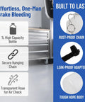 Effortless one-man brake bleeding visual showing 1L bottle, secure chain, transparent hose, and leak-proof adapter for Shop Grade Heavy Duty Brake Bleeder Kit With 1L Vacuum Collection Bottle And 19.7 Inch Flexible Hose Universal Fit For Cars Motorcycles Trailers Straight Shot Fluid Catcher Tool.