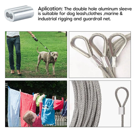 1/8 Inch Aluminum Crimping Loop Sleeve Set 100 Pack Double Barrel Ferrules For Wire Rope And Cable Ends Heavy Duty Aluminum Alloy Corrosion Resistant Outdoor Ready For Long Lasting Rigging with dog leash and clothesline uses