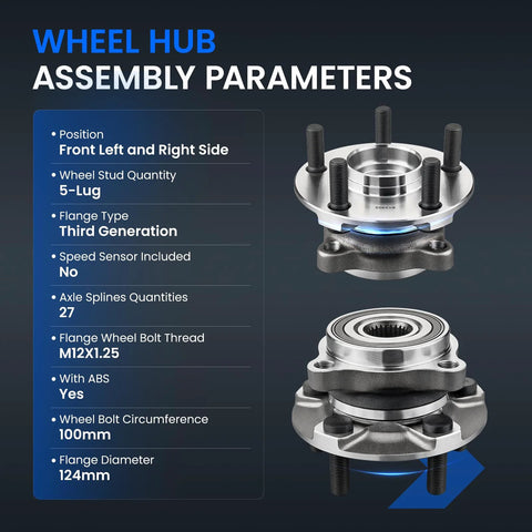 2 Pack Front Wheel Bearing And Hub Assembly For Subaru Forester Impreza Legacy Outback XV Crosstrek 5 Lug With ABS Compatible Durable Hub Kit Easy Install shown with assembly parameters and specifications