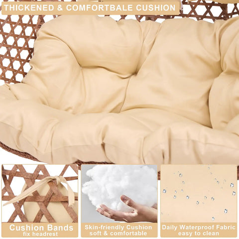Close-up of beige cushion on Two Person Outdoor Egg Chair With Stand Hexagon Rattan Wicker Swing Chair For Patio.