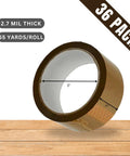 Close-up of brown packing tape roll, 2.7 mil thick, 3-inch inner diameter, part of 36 pack. Heavy Duty Packing Tape For Moving And Shipping Boxes