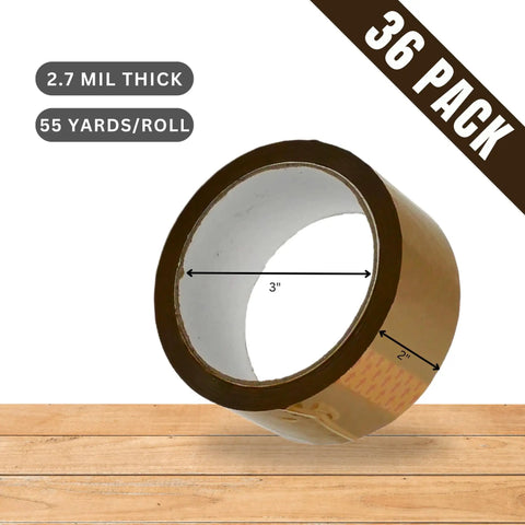 Close-up of brown packing tape roll, 2.7 mil thick, 3-inch inner diameter, part of 36 pack. Heavy Duty Packing Tape For Moving And Shipping Boxes