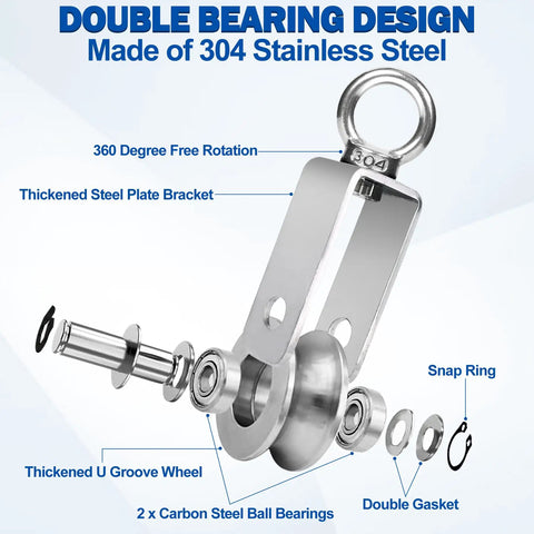 Stainless Steel Cable Pulley Wheel 4 Pack M34 Single Pulley Block Snatch Block Beefy Heavy Duty Lifting Crane Swivel Hook Bearing Inside Rope Pulleys For Lifting Systems Gym Equipment Clothesline 551 Lb Load, 304 stainless steel