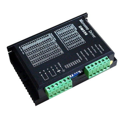 CNC digital stepper driver DM556 module with black housing and green terminal blocks.