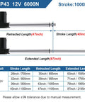 Diagram of 12V linear actuator with 40 inch stroke and 1320 lbs load, showing retracted and extended lengths with table details.