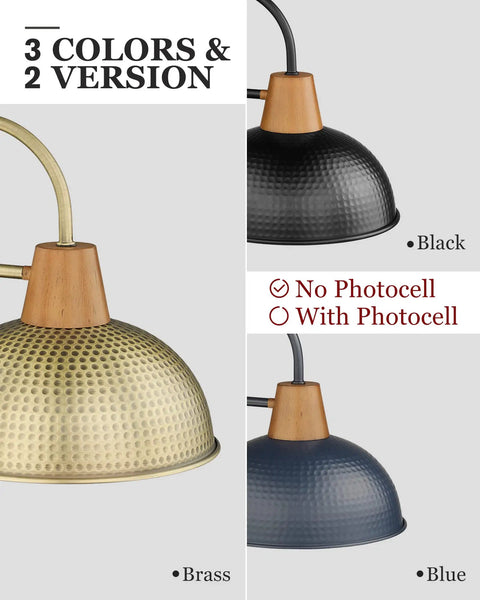 Two Pack Outdoor Wall Sconces Barn Style Light Fixtures With Hammered Metal Shade In Antique Brass Finish For Indoor Or Outdoor Use Perfect Porch Patio Garden Lighting showing black and blue variants with no photocell option.