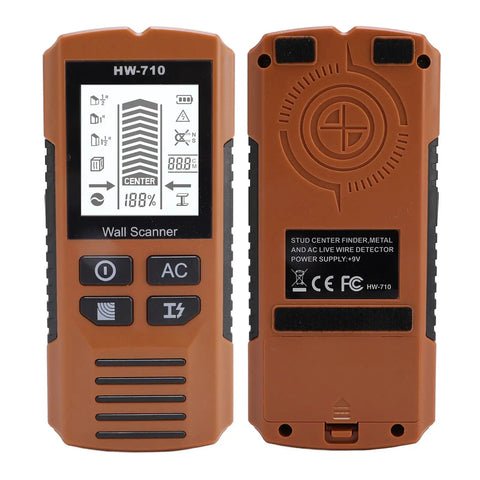 WALFRONT Wall Stud Finder with LCD Backlit Screen and 3 Scanning Modes, front and back view, detail of buttons and screen