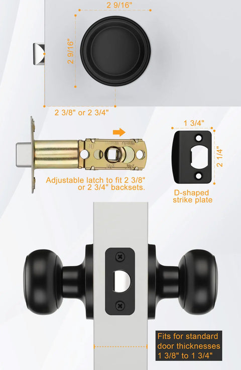 Dimensions and components of Matte Black Passage Door Knobs Set For Hallways And Closets No Locking Interior Door Handles 5 Pack