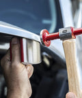 7 Piece Auto Body Hammer And Dolly Set For Dent Repair Built With Flame Treated Hickory Handles And Highly Polished Dollys in use