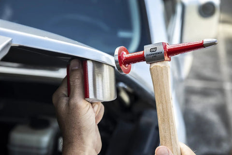 7 Piece Auto Body Hammer And Dolly Set For Dent Repair Built With Flame Treated Hickory Handles And Highly Polished Dollys in use