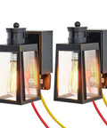 GFCI Porch Light With Dusk To Dawn Motion Sensor Breezy Rustproof Outdoor Lighting Fixture Three Lighting Modes For Front Door Patio Garage Exterior Lights 2 Pack with visible cables and bulbs.