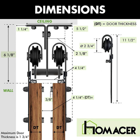 Dimensions diagram of Black Rustic Ceiling Mount Double Track Bypass Sliding Barn Door Hardware Kit For Two Doors 7.5Ft Flat Track Interior Use Only Doors Not Included No Clearance Hassle.
