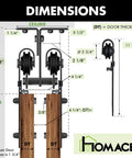 Diagram showing dimensions for Black Rustic Ceiling Mount Double Track Bypass Sliding Barn Door Hardware Kit For Two Doors 6 Ft