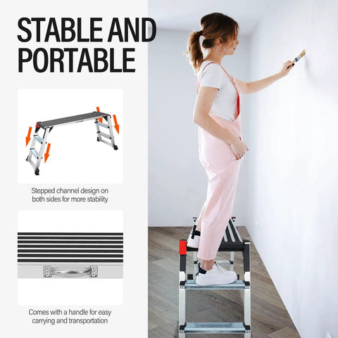 Boss Level Heavy Duty Aluminum Work Platform Folding Step Ladder With Non Slip Surface And Safety Lock Built To Last For Washing Cars Cleaning And Painting 45 Inch By 12 Inch By 27 Inch, woman painting wall