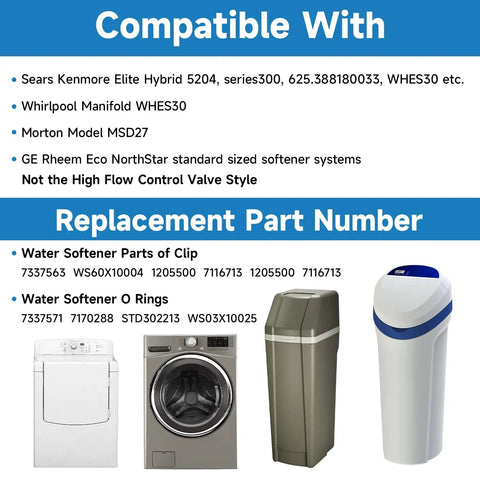 Compatibility chart for Water Softener Clip Kit For GE Kenmore Whirlpool Morton Systems Fits WHES30 M34 MSD27 with appliance images.