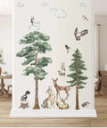 Gigantic 68 Inch Watercolor Pine Tree Woodland Forest Safari Animals Wall Decals Peel And Stick Deer Birds Owl Wolf Stickers
