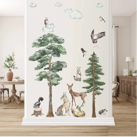 Gigantic 68 Inch Watercolor Pine Tree Woodland Forest Safari Animals Wall Decals Peel And Stick Deer Birds Owl Wolf Stickers