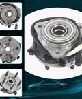 Front Wheel Hub And Bearing Assembly For Ford Ranger 2000 To 2002 XL XLT Edge And Mazda B3000 B4000 Base 5 Lug 4WD With ABS Two Piece Replacement Set with wiring harness close-up.